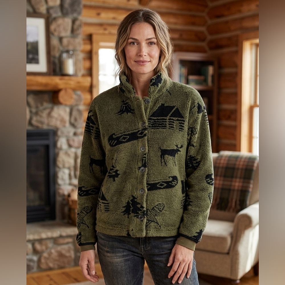 Vintage True Grit Cabin Fever Fleece Jacket Olive Green Nature Print USA Size M